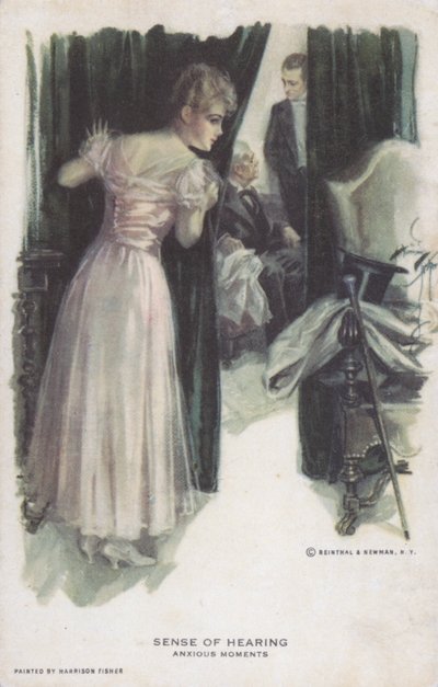 Sentido del oído - momentos de ansiedad: una mujer escuchando una conversación de Harrison Fisher